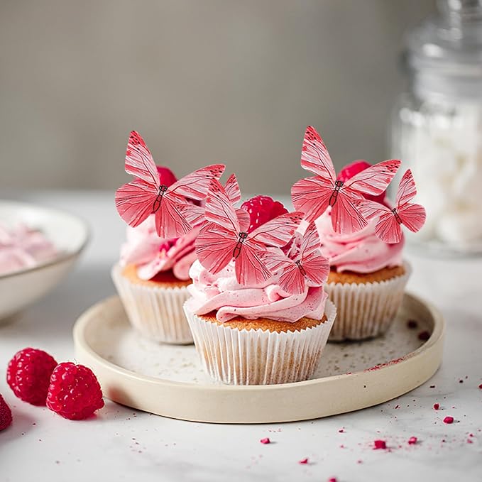 72PCS Edible Cupcake Toppers - Butterfly Cake Decoration - Edible Butterfly Cupcake Picks for Baby Shower, Kids Birthday Party - Rose Red