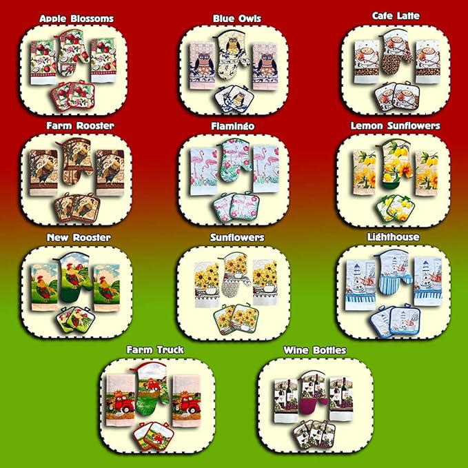 Lobyn Value Packs: 5-Piece Country Kitchen Towel Set ??Proud Rooster & Red Barn Motif, 2 Lightweight Terry Cloth Dish Towels Quilted Oven Mitt & 2 Potholders