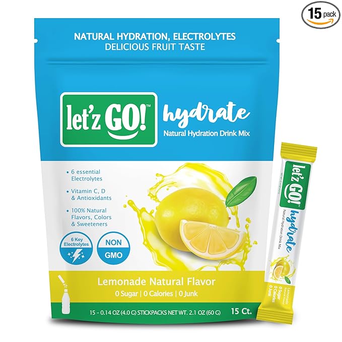 Let'z Go! Hydrate- Natural Hydration + Electrolyte Drink Mix- Hydration + Electrolytes + Antioxidant Powder Packets, Natural Flavors, Vitamins C + D | No Sugar | No Calories | (15 Count) Lemonade