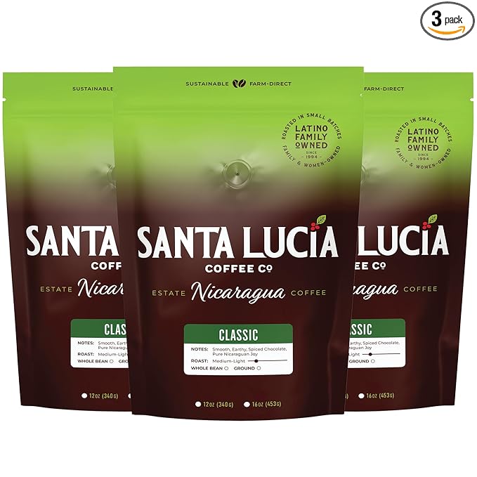 Santa Lucia Coffee - Grand Reserve Classic Medium Roast Nicaraguan Coffee - Medium Roast - 91 Point Specialty Grade - Low Acididity - Bright & Smooth - Strong & Bold Flavor - Whole Bean - 16oz. (Pack of 3)