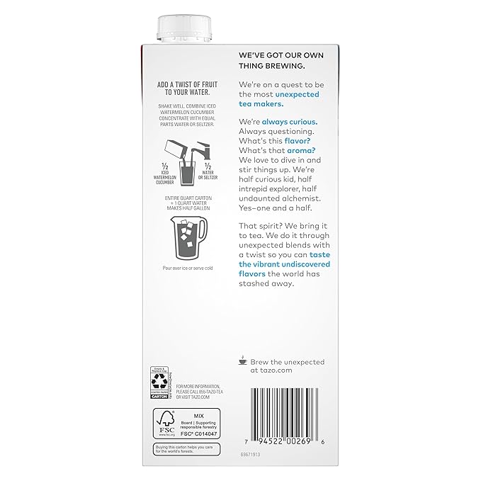 TAZO Iced Watermelon Cucumber Herbal Tea Concentrate, Caffeine-Free, 32 Fl Oz Caton (Pack of 2)