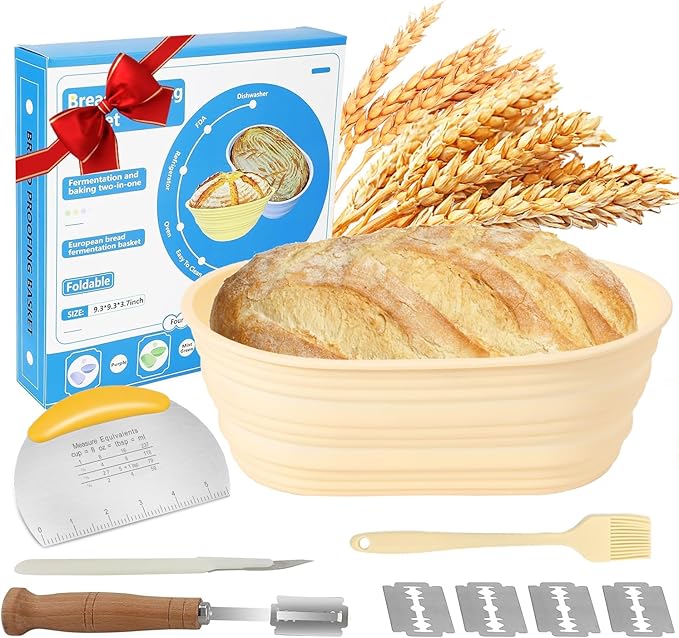Silicone Banneton Bread Proofing Baskets, Sourdough Bread Baking Supplies, 10 Inch Oval Foldable Baking Basket, Complete Set for Bread Making With Essential Tools and Gifts
