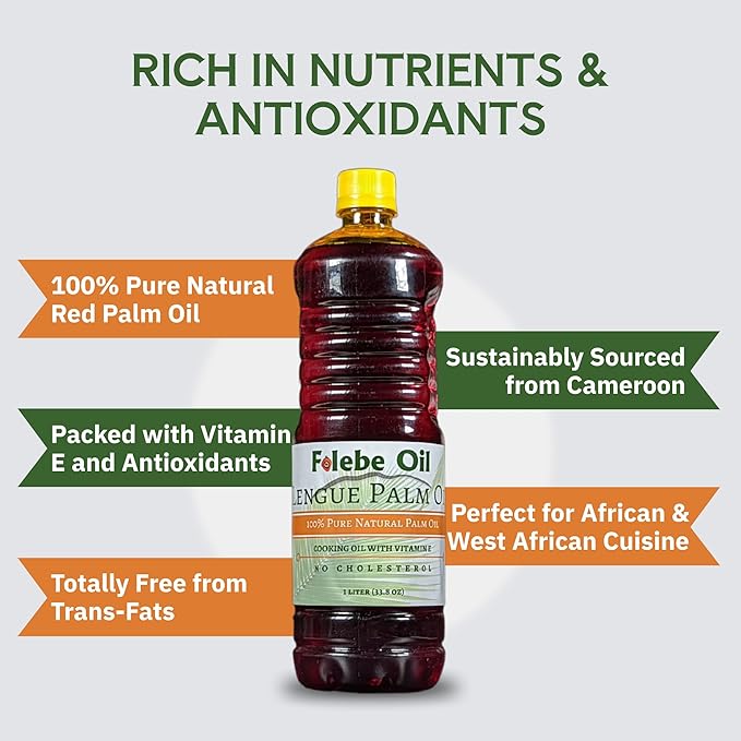 Folebe Oil 1L 100% Pure Natural Red Palm Oil ??Authentic Cameroonian Palm Oil for Cooking ??Cold-Pressed from Palm Pulp ??Rich in Nutrients, Carotenoids, Natural Vitamin E