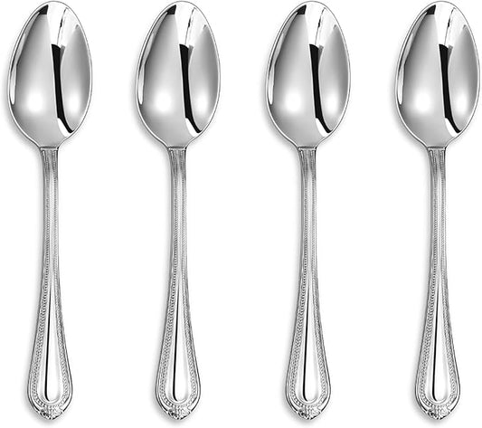 KEAWELL Pearl Edge 4-Piece Premium Spoon Set, 18/10 Stainless Steel, Fine Silverware Spoons with Refined Bead Design, Brightly Polished, Dishwasher Safe (Silver, 6.4" Teaspoons)
