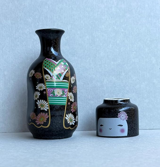 Japanese Traditional Kokeshi Design Sake Wine Soju Ceramic Set with 1 Ochoko Cup and 1 Tokkuri Bottle Gifts (Kokeshi Kiku Komachi)