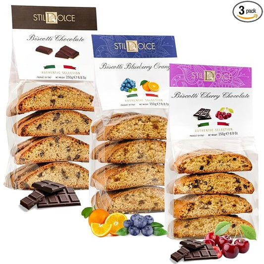 Stildolce Semi-Soft Italian Biscotti Cookies Variety Pack ??Chocolate, Blueberry Orange, Chocolate Cherry | Made in Tuscany, Italy | Gourmet Biscuits, No Preservatives, 8.8 oz Bags, Pack of 3