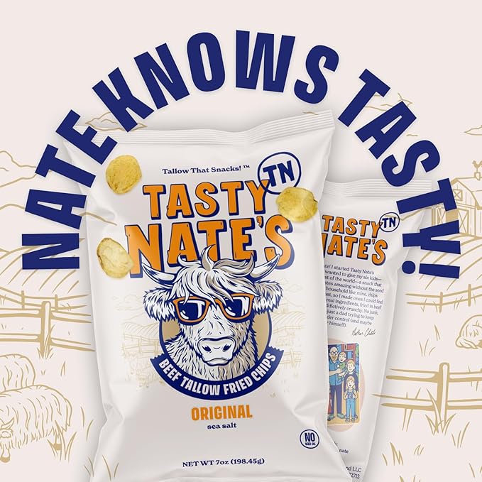 Tasty Nate???Beef Tallow Potato Chips - Original Sea Salt, Fried in 100% Beef Tallow - Seed Oil Free Chips, Paleo Snacks for Adults, 7oz Bag - Pack of 2