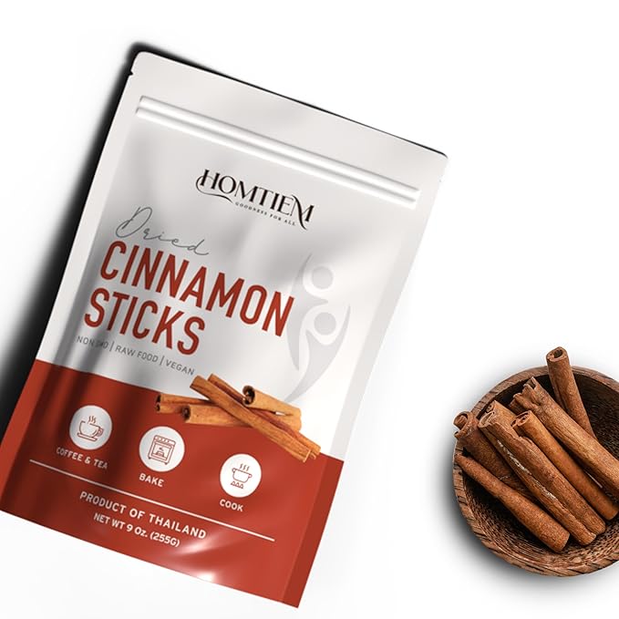 Homtiem Organic Dried Cinnamon Sticks 9 Oz (255 Gram), Non-GMO, Vegan, For Desserts or Cooking, Natural aromatic, Adds flavor