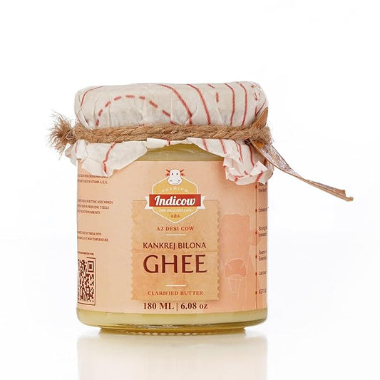 Indicow A2 Desi Cow Ghee, Clarified Butter 180ml | Grass Fed Cows | (180ml (6.08oz), A2 Kankrej Cow Ghee) | Keto and Paleo Friendly| a2 ghee organic grass fed