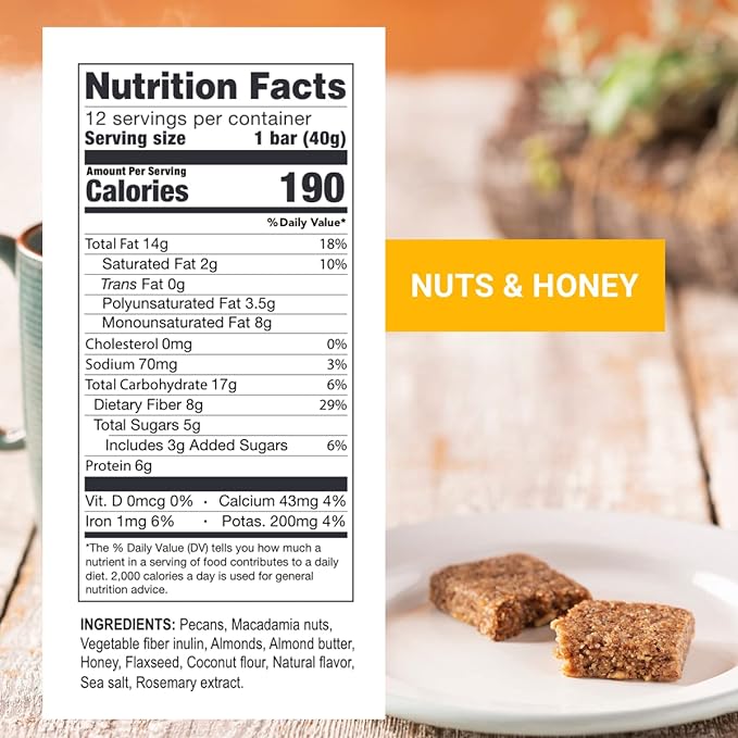 Prolon Fasting Bars | 6g Protein, 8g Fiber | Keto-Friendly, Gluten-Free, Dairy-Free, Plant-Based | Nutrition for Intermittent Fasting | Formulated to Not Break Your Fast | Nuts & Honey (12 Count)