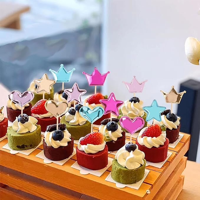 30 PCS Glitter Heart Cupcake Toppers Colorful Cake Decoration Heart and Star Cake Toppers Cute Party Decoration for Birthday and Baby shower (Fresh)