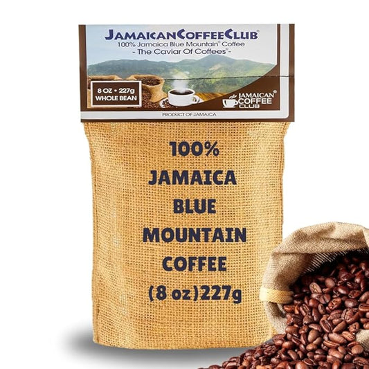JamaicanCoffeeClub 100% Blue Mountain Whole Bean Coffee ??WB 8oz Jamaican Roasted Beans, Smooth Rich Flavor, Handpicked Gourmet Beans, Bold Medium Roast ??Fresh Pack, Premium Jamaican Coffee