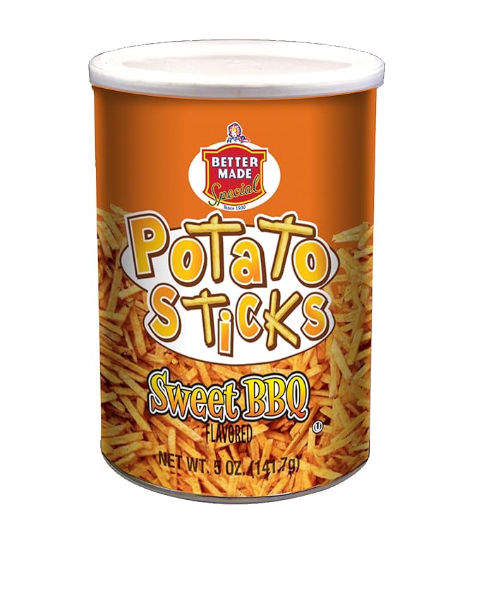 Better Made Potato Sticks 5oz Canister - Shoestring Potato Sticks - Gluten Free - Crunchy, Crispy Snack from Fresh Potatoes - Resealable Lid (Sweet BBQ, Single Can)