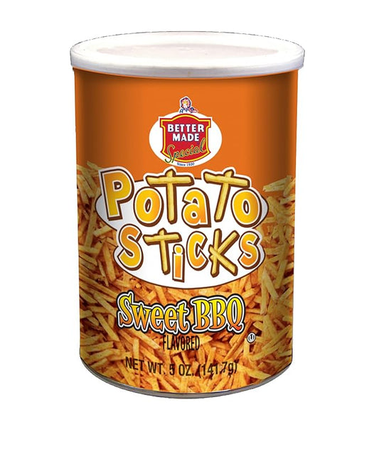 Better Made Potato Sticks 5oz Canister - Shoestring Potato Sticks - Gluten Free - Crunchy, Crispy Snack from Fresh Potatoes - Resealable Lid (Sweet BBQ, Single Can)