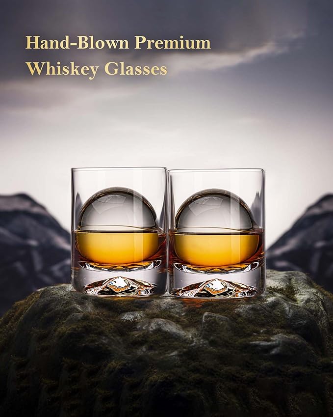 JBHO Hand Blown Crystal Double Old Fashioned Cocktail, Solid Whiskey Glasses, Rocks Glasses, Lowball Glasses - 12 Ounce - set of 2 - Perfect Size for Oversized Ice Cubes