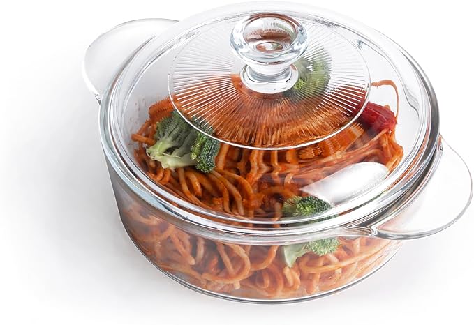 Clear Round Glass Casserole with Lid, Baking Dish with Glass Cover, Glass Casserole for Oven, Freezer and Dishwasher Safe (1-Quart Round)