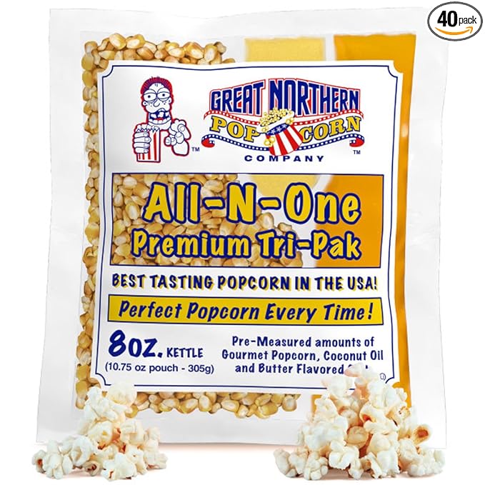 Movie Theater Style 40-Count Popcorn Packs - Pre-Measured 8-Ounce All-in-One Kernel, Salt, Oil Packets for Popping Machines by Great Northern Popcorn