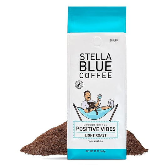 Stella Blue Ground Coffee, Positive Vibes Blend, Light Roast, Vanilla and Fruity Notes, 100% Arabica, Ethically Sourced from Central and South America, 12 oz bag