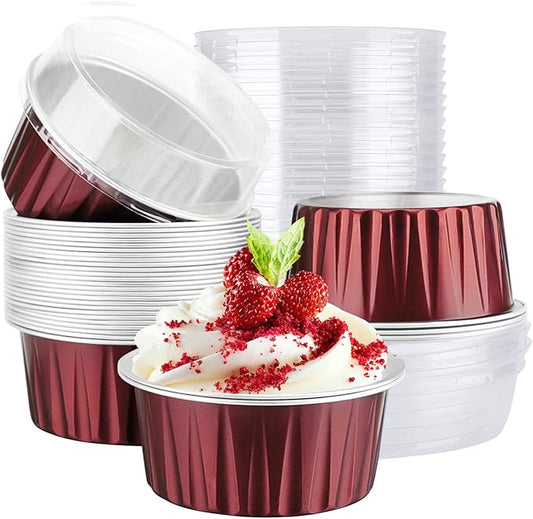 EUSOAR Disposable Creme Brulee Ramekins, 30pcs 5oz Disposable Aluminum Foil Cupcake Liners Ramekins Baking Cups, Dessert Cups with Lids Mini Aluminum Cheesecake Bundt Cake Pan-Wine Red