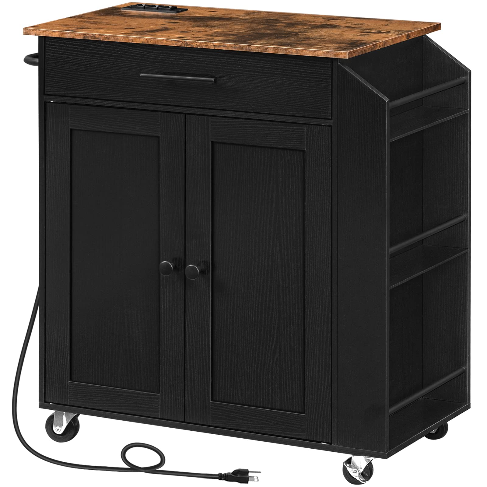 HOOBRO Kitchen Island with Power Outlet, Storage Island with Spice Rack and Drawer, Rolling Kitchen
