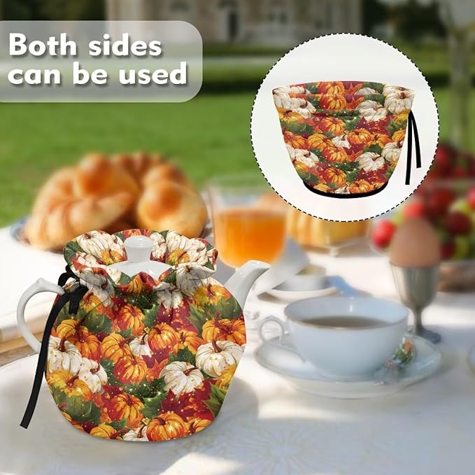 Pumpkin Tea Cozy for Teapot Insulated for Halloween Day Dust Proof Tea Pot Cozy for Keeping Warm,Resuable Teapot Insulation Cover with Drawstring,Soft & Washable