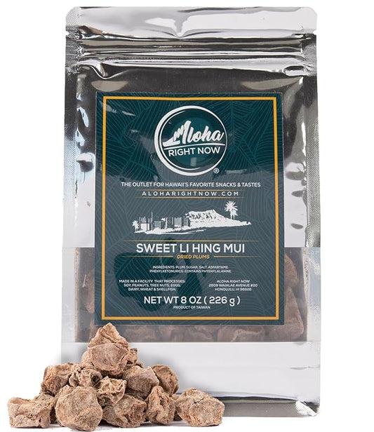 Aloha Right Now - Sweet Li Hing Mui Crack Seed Dried Plums (8 oz) - Li Hing Mui Candy for Snacking & Flavoring any Iced Beverage - Preserved Sweet Sour & Salty Asian Fruit Plum Seeds, Hawaiian Snacks