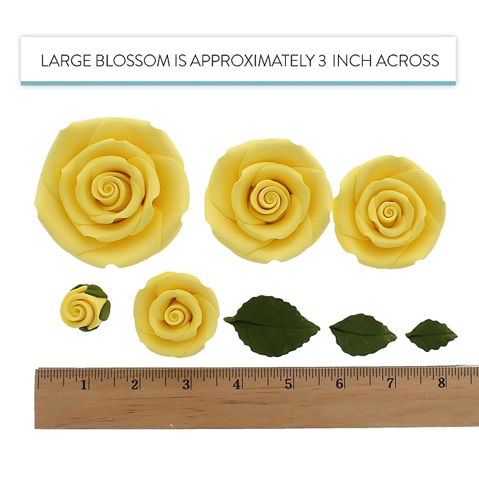 Global Sugar Art Exquisite Rose & Leaf Tray Sugar Cake Flowers, Yellow Unwired, 5 Count by Chef Alan Tetreault
