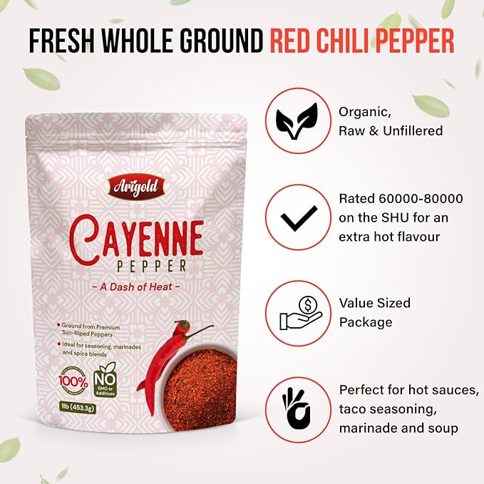 Arigold All-Natural 1LB Cayenne Pepper Powder | Natural Sun-Dried Red Pepper 100% Chemical-Free, Hot Spice 60,000-80,000 SHU | Non-GMO, Non-Irradiated, Additive Free, Gluten-Free | Perfect for Cooking ??Resealable Bag Bulk Cooking Seasoning.