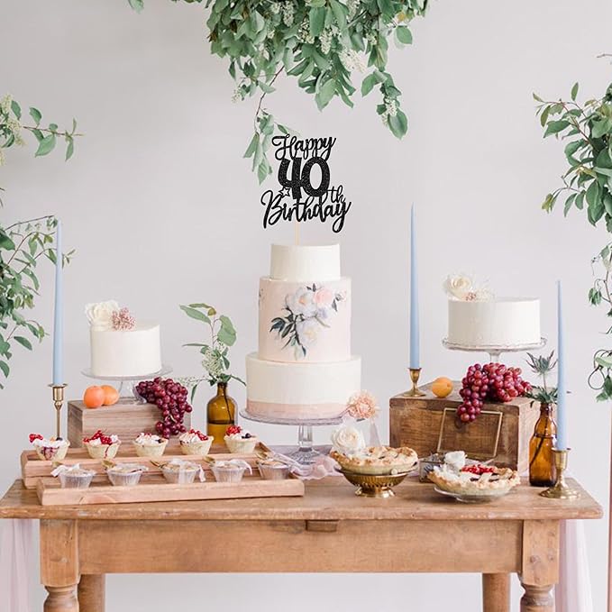 1 PCS Happy 40th Birthday Cake Topper Glitter Cheers to 40 Years Birthday Cake Pick Forty Hello 40 Fabulous Cake Decoration for Happy 40th Birthday Anniversary Party Decorations Supplies Black