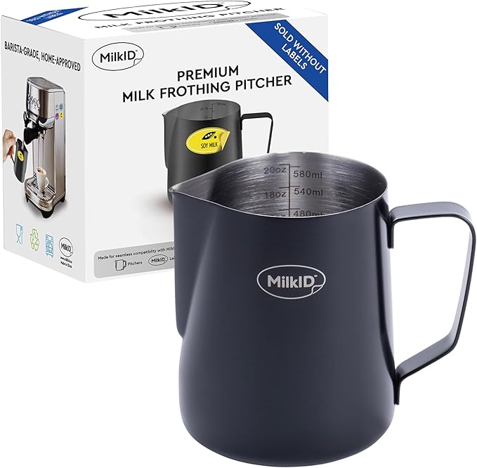 Stainless Steel Milk Frothing Pitcher | Compatible with MilkID Labeling System | Espresso Accessories Kit | Barista Tools | Latte Art Pitcher (20oz / Black Pitcher Only)