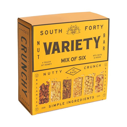 South 40 Snacks Crunchy Nut Bars, Mix of 6 Variety Pack, Touch of Honey, Natural Protein (40g Bar, Pack of 12)