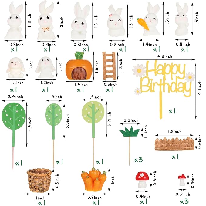 Yookeer 24 Pcs Bunny Cake Topper Set Rabbit Decorations Figurines Carrot Cake Decorations Rabbit Topper Happy Bunny Birthday for Kids DIY Birthday Party Garden Decor