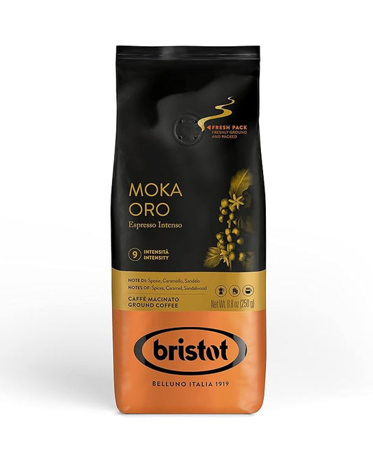 Bristot Moka Oro Ground Coffee | Italian Ground Espresso | Medium Roast | For Moka, French Press, Pour Over | 8.8oz/250g