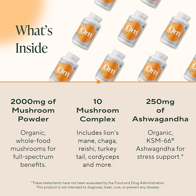 Om Master Blend Mushroom Capsules - Organic Mushroom Supplement with 10 Mushrooms and Ashwagandha ??Support Immunity, Gut Health & Stress Relief, 168 Count (56 Servings)