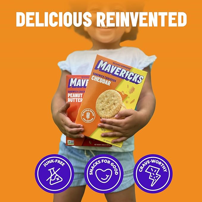 Mavericks Sandwich Crackers Variety Pack - Peanut Butter & Cheddar Snack Crackers, Whole Grain - 2 Boxes (6 Snack Packs of Each)