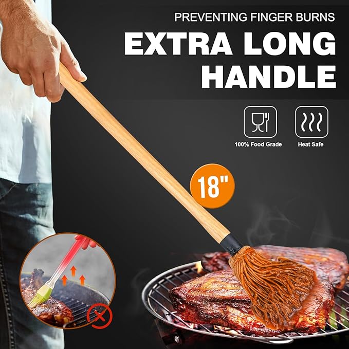 Walfos BBQ Mop Brushes for Sauce, Grilling Basting Mop Wooden Long Handle with 3 Heads, for Grilling, Barbecue, Smoking Steak (18")
