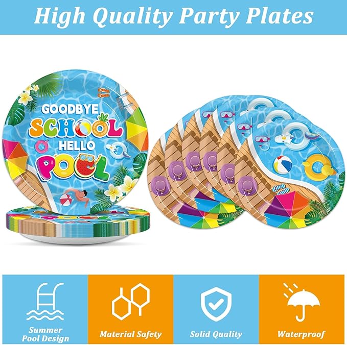 96Pcs Goodbye School Hello Pool Plates and Napkins End of School Year Party Decorations School's Out Pool Dessert Disposable Plates Summer Tableware Set for Graduation Preschool Party Supplies