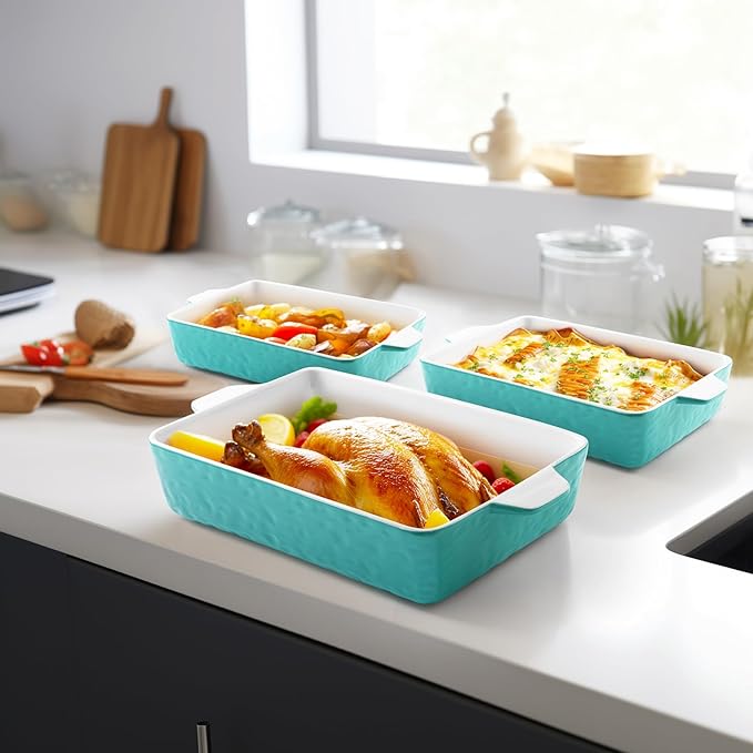 Casserole Dishes for Oven, Ceramic Baking Dishes, Lasagna Pan with Handles, Porcelain Baking Pan Deep, Bakeware for Baking, Cooking, Wedding Gift, Set of 3 (11.6" x 7.8", Aquamarine)