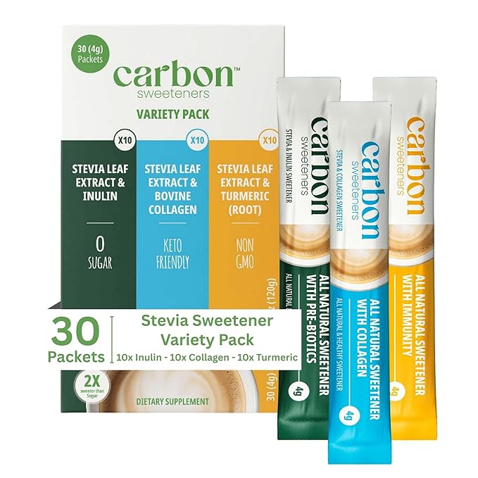 Carbon Sweeteners Variety Pack ??Stevia Sweetener Packets with Collagen, Turmeric, and Inulin ??Supports Joint, Skin, Immunity & Gut Health ??30 Single Serve Sachets (3 Functional Flavors, 10 Each)