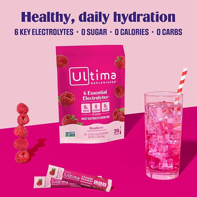 Ultima Replenisher Daily Electrolyte Powder Drink Mix ??Sugar Free ??Raspberry, 20 Stickpacks ??Hydration Packets with 6 Key Electrolytes and Trace Minerals ??Keto Friendly, Vegan, Non-GMO