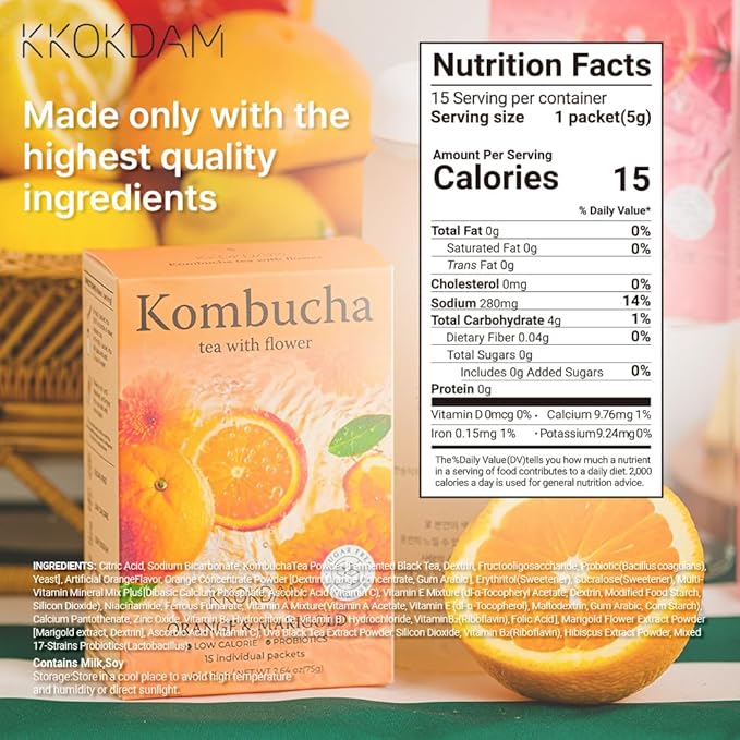 KKOKDAM Kombucha Tea - Orange & Marigold Korean Tea - Kombucha Drinks Probiotic Support, Low Calorie, Sugar Free Kombucha - 15 Packs