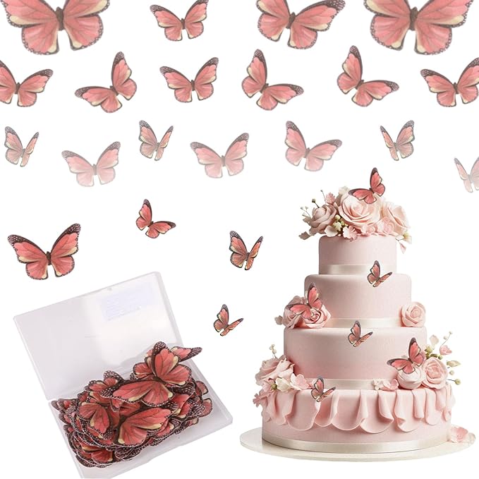 Edible Butterfly Cake Decorations - Edible Butterflies Set of 50Pcs, Edible Wafer Paper Butterflies Cupcake Toppers for Wedding Anniversary Birthday Party Cake Decorations (Light Red)