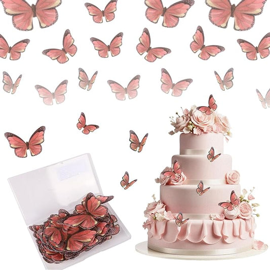 Edible Butterfly Cake Decorations - Edible Butterflies Set of 50Pcs, Edible Wafer Paper Butterflies Cupcake Toppers for Wedding Anniversary Birthday Party Cake Decorations (Light Red)
