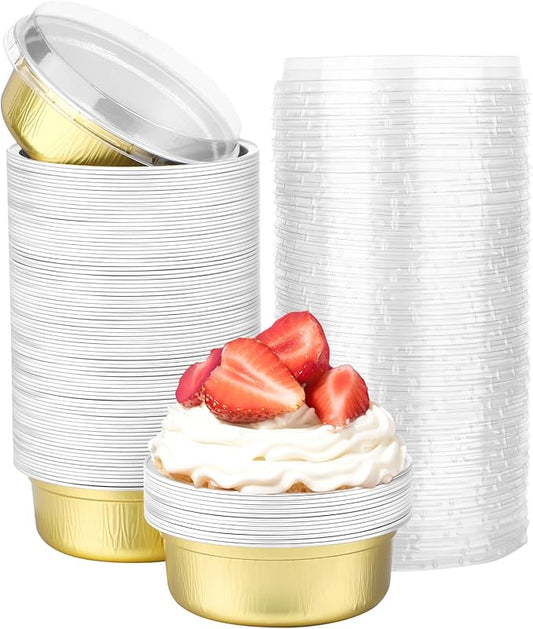 Beasea Aluminum Ramekins With Lids, 100 Pack 8.8oz 260ml 4 Inch Disposable Foil Aluminum Baking Cups Round Oven Baking Mini Cupcake Cups for Party - Golden