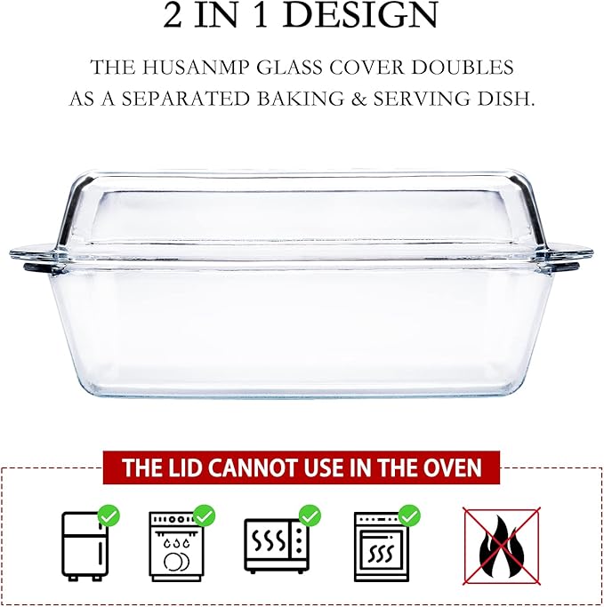 Rectangular Tempered Glass Casserole Dish with Glass Cover - Oven, Freezer and Dishwasher Safe - 3 Liter