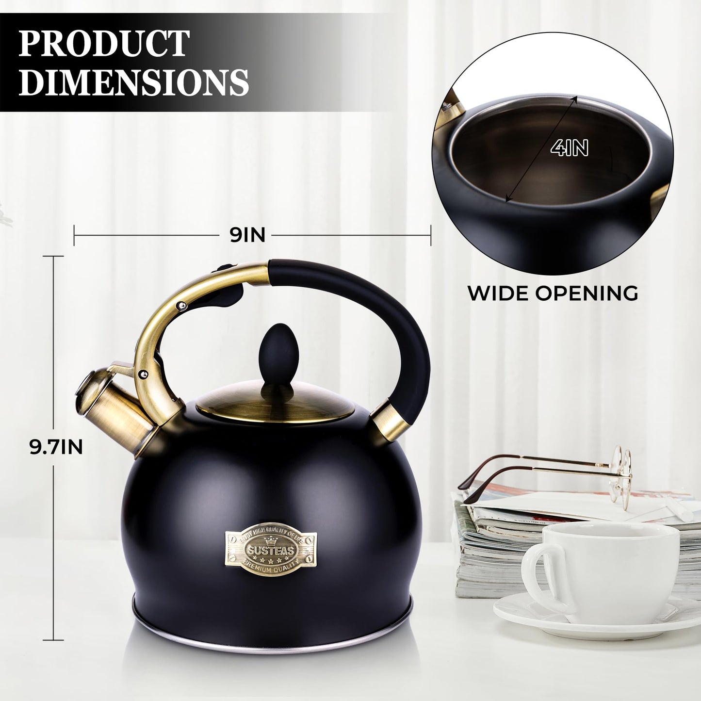 SUSTEAS Whistling Tea Kettle, 2.7QT Food-Grade Steel Teapot, BLACK