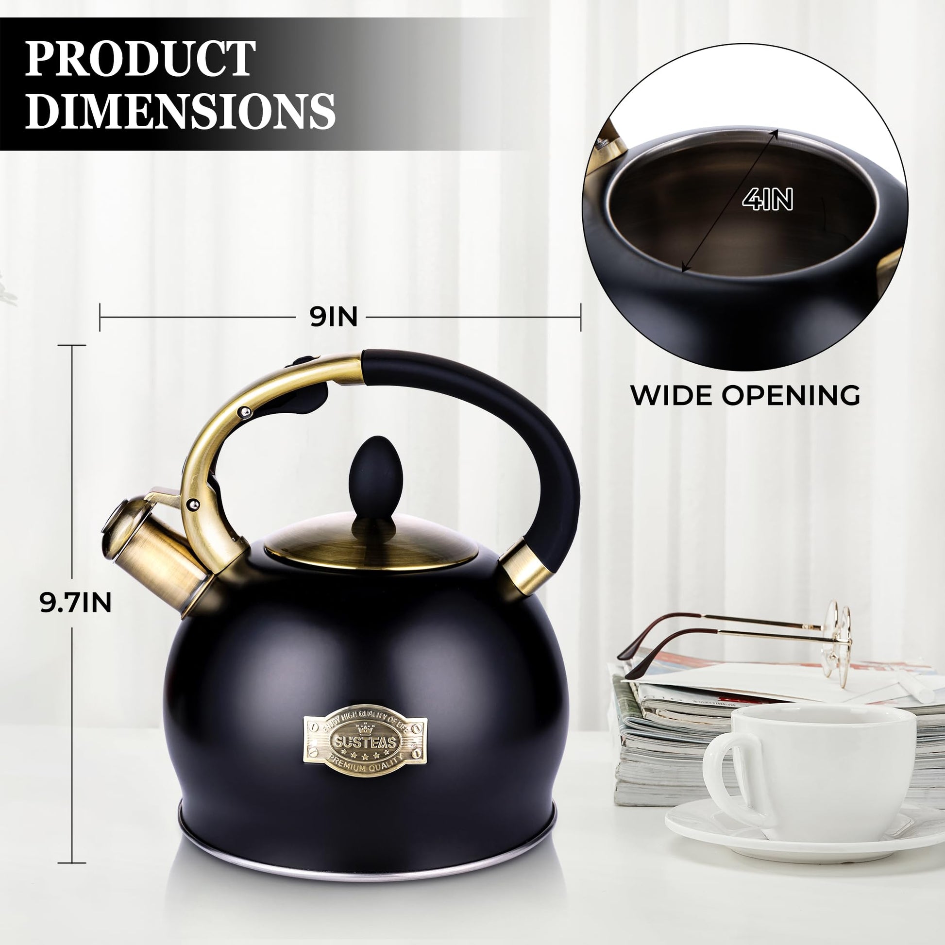 SUSTEAS Whistling Tea Kettle, 2.7QT Food-Grade Steel Teapot, BLACK
