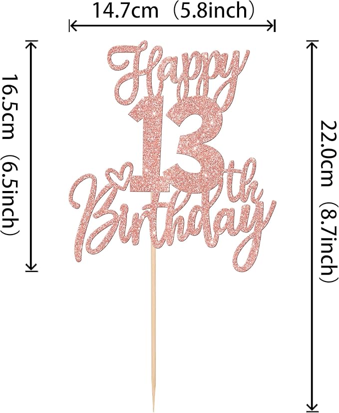 1 PCS Happy 13th Birthday Cake Topper Glitter Cheers to 13 Years Birthday Cake Pick 13 Official Teenager Cake Decoration for Happy 13th Birthday Anniversary Theme Party Decorations Rose Gold