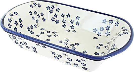 Blue Rose Polish Pottery - Blue Willow Large Rectangular Baker with Handles - 9" x 6.5" - Unique, Dishwasher Safe, & Durable Bakeware