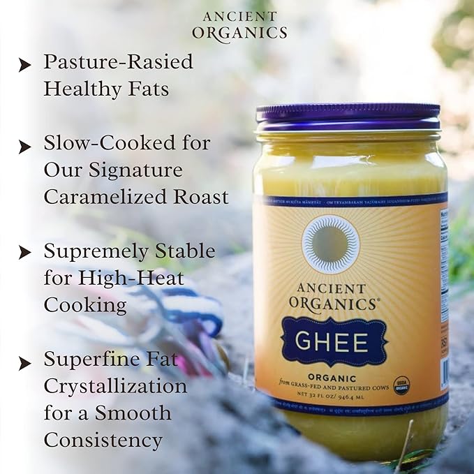 Ancient Organics Ghee - Gluten-Free Grass-Fed Clarified Kosher Vegetarian Ghee Butter with Vitamins & Omegas, Non-GMO, Lactose Free, 100% USDA Certified Organic, Made in USA - 32 Fl Oz 2-Pack